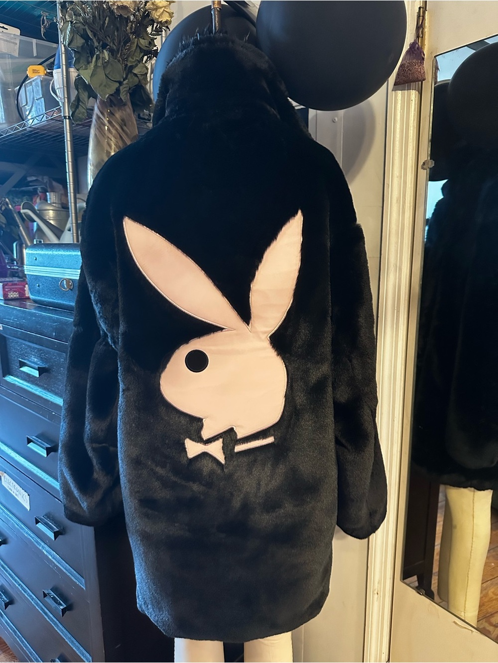 CULTURE KINGS Plush Black Faux Fur Coat with Pink Playboy Logo